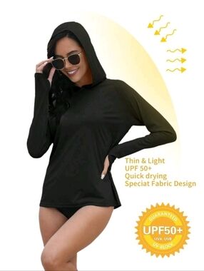 Black UPF 50+ Hooded Swim Cover Up | Long Sleeve Rash Guard Beach Sun Protection